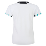 Back view of the Women's Ireland 24 Alternate Pro Jersey by Canterbury, a short-sleeved white sports jersey with black and teal accents on the sleeves and collar, featuring the IRFU Crest.