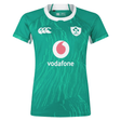 The Women's Ireland 24 Home Pro Jersey by Canterbury showcases a vibrant green with a white collar, features the Vodafone sponsor and Canterbury logo, and is equipped with VapoDri technology for optimal performance and comfort.