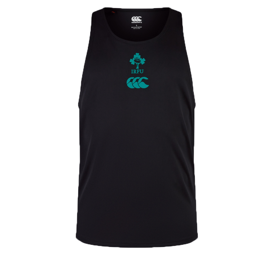 Black sleeveless athletic shirt made from quick-drying fabric, featuring teal IRFU and CCC logos on the front. The Ireland 24 Poly Training Singlet by Canterbury ensures optimal performance.