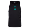 Black sleeveless athletic shirt made from quick-drying fabric, featuring teal IRFU and CCC logos on the front. The Ireland 24 Poly Training Singlet by Canterbury ensures optimal performance.