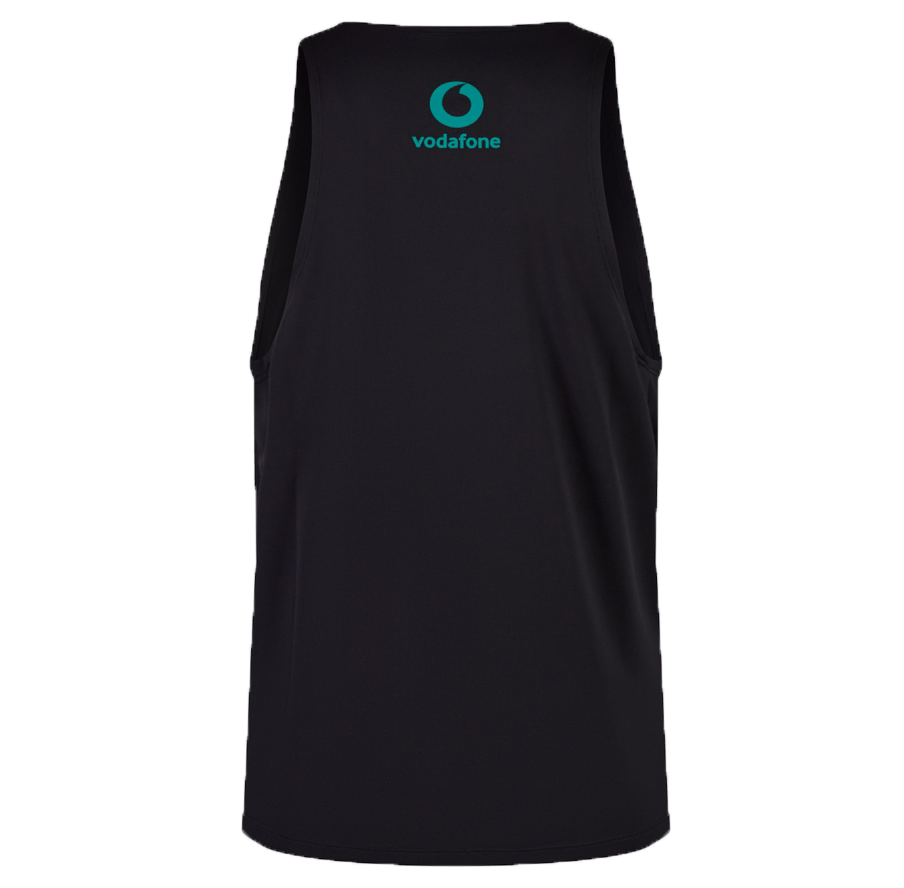 The Ireland 24 Poly Training Singlet by Canterbury is a black sleeveless tank top with a teal Vodafone logo on the upper back, made from quick-drying fabric for comfort and style.