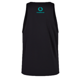 The Ireland 24 Poly Training Singlet by Canterbury is a black sleeveless tank top with a teal Vodafone logo on the upper back, made from quick-drying fabric for comfort and style.