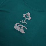 A detailed view of the IRFU logo, featuring a shamrock and rugby ball design, appears on the green Ireland 24 Poly Training Singlet by Canterbury. The stylized CCC logo is also shown, and the singlet is made from quick-drying fabric.