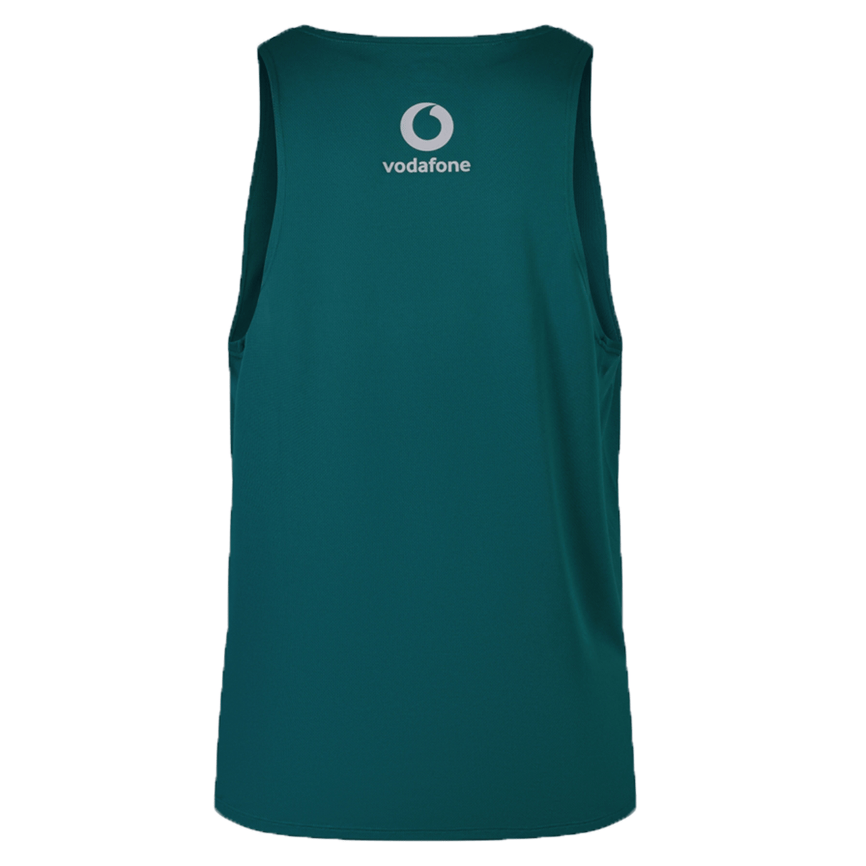 Teal sleeveless sports tank top with a Vodafone logo on the back, made from quick-drying fabric. Based on the Ireland 24 Poly Training Singlet by Canterbury, it ensures comfort during intense workouts.