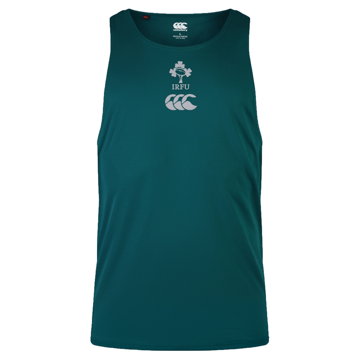 The Ireland 24 Poly Training Singlet by Canterbury is a green sleeveless top showcasing the IRFU and CCC logos, crafted with Canterbury's quick-drying fabric for exceptional comfort.