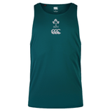 The Ireland 24 Poly Training Singlet by Canterbury is a green sleeveless top showcasing the IRFU and CCC logos, crafted with Canterbury's quick-drying fabric for exceptional comfort.