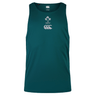 The Ireland 24 Poly Training Singlet by Canterbury is a green sleeveless top showcasing the IRFU and CCC logos, crafted with Canterbury's quick-drying fabric for exceptional comfort.