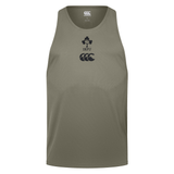 The Ireland 25/26 Poly Training Singlet by Canterbury is a khaki green sleeveless top with black IRFU and Canterbury logos printed on the chest.