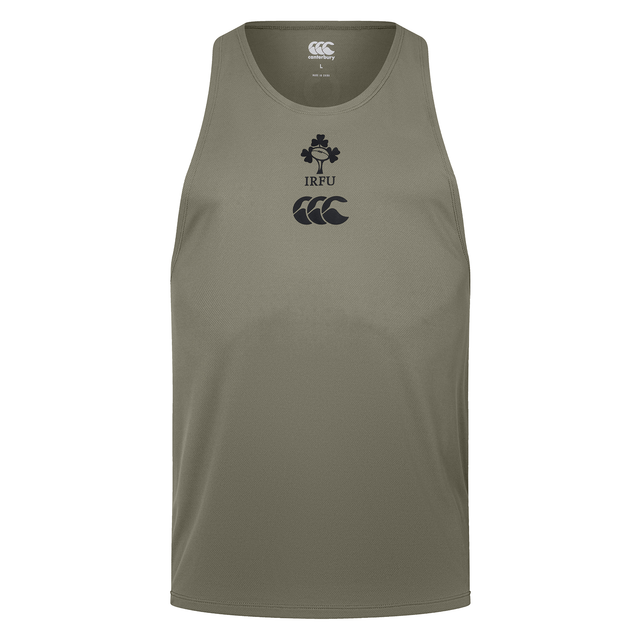 The Ireland 25/26 Poly Training Singlet by Canterbury is a khaki green sleeveless top with black IRFU and Canterbury logos printed on the chest.