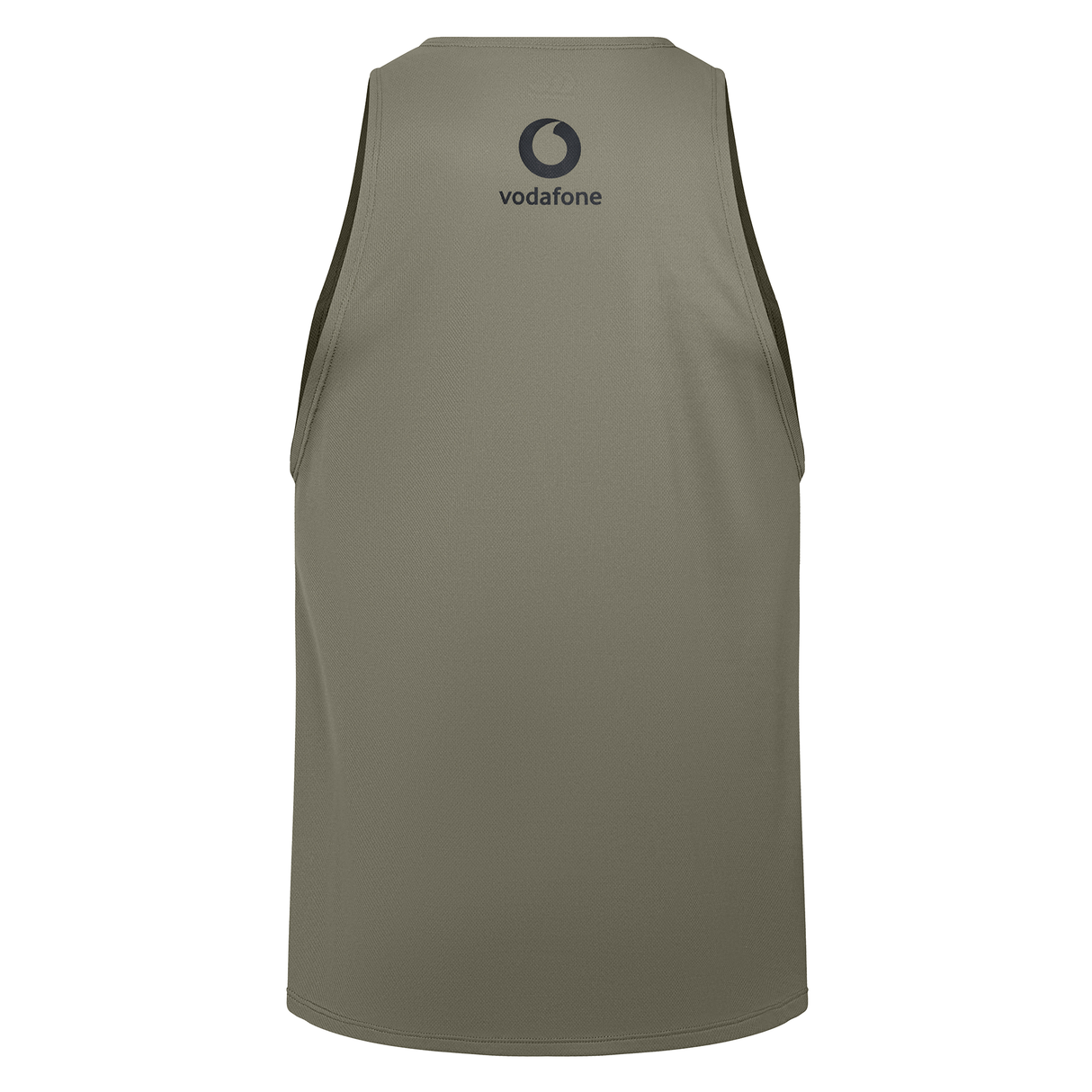 Back view of the Ireland 25/26 Poly Training Singlet by Canterbury in olive green, sleeveless design with a small black Vodafone logo near the upper center.