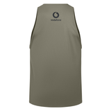 Back view of the Ireland 25/26 Poly Training Singlet by Canterbury in olive green, sleeveless design with a small black Vodafone logo near the upper center.