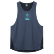 The Ireland 26/27 Summer Tour Superlight Training Singlet by Canterbury is a navy blue sleeveless athletic top with IRFU and Canterbury logos, black side panels, and a curved hem—designed for peak rugby performance.