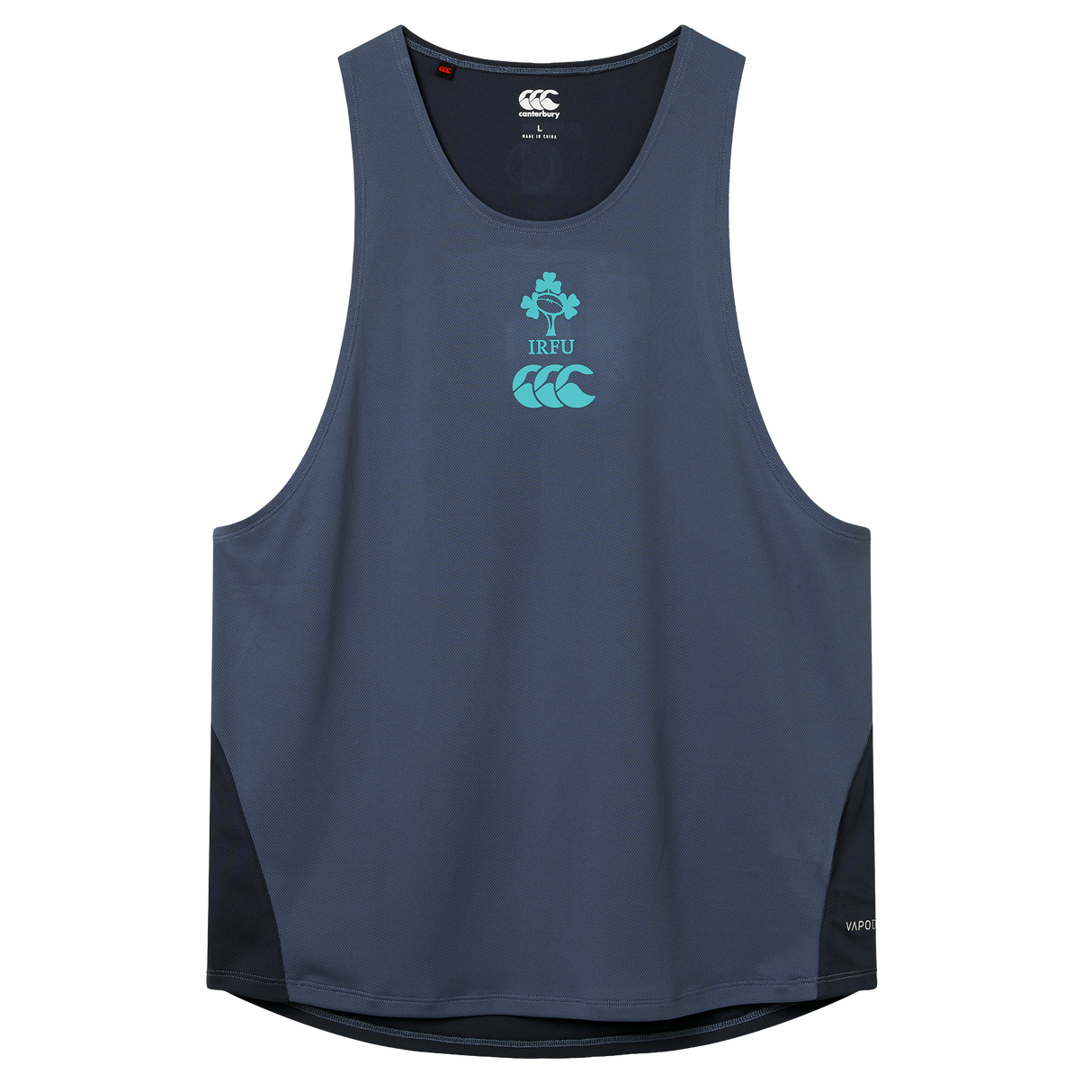 The Ireland 26/27 Summer Tour Superlight Training Singlet by Canterbury is a navy blue sleeveless athletic top with IRFU and Canterbury logos, black side panels, and a curved hem—designed for peak rugby performance.