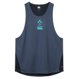 The Ireland 26/27 Summer Tour Superlight Training Singlet by Canterbury is a navy blue sleeveless athletic top with IRFU and Canterbury logos, black side panels, and a curved hem—designed for peak rugby performance.