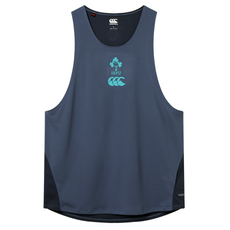 The Ireland 26/27 Summer Tour Superlight Training Singlet by Canterbury is a navy blue sleeveless athletic top with IRFU and Canterbury logos, black side panels, and a curved hem—designed for peak rugby performance.