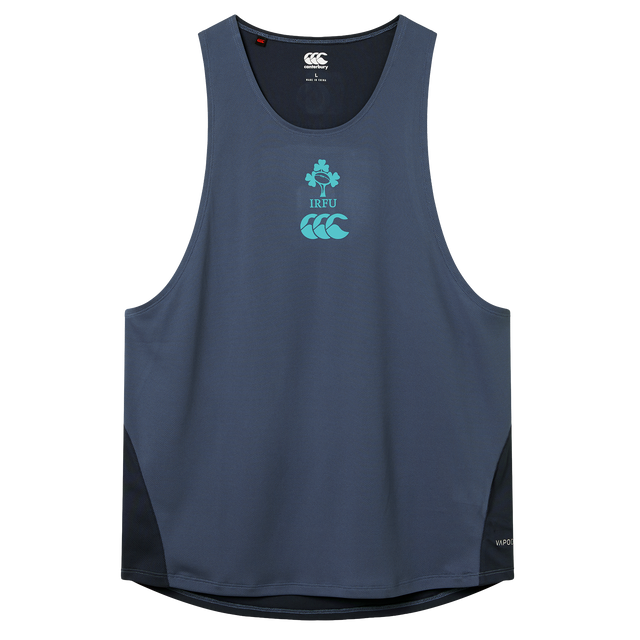 The Ireland 26/27 Summer Tour Superlight Training Singlet by Canterbury is a navy blue sleeveless athletic top with IRFU and Canterbury logos, black side panels, and a curved hem—designed for peak rugby performance.