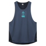 The Ireland 26/27 Summer Tour Superlight Training Singlet by Canterbury is a navy blue sleeveless athletic top with IRFU and Canterbury logos, black side panels, and a curved hem—designed for peak rugby performance.