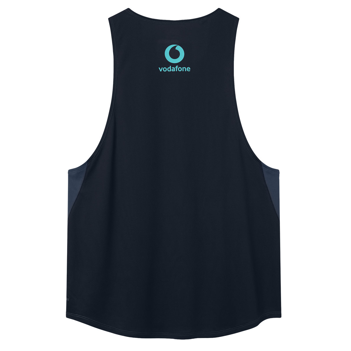 The Ireland 26/27 Summer Tour Superlight Training Singlet by Canterbury, shown in navy blue with a light blue Vodafone logo near the neckline, combines comfort and style for workouts.