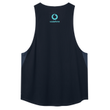 The Ireland 26/27 Summer Tour Superlight Training Singlet by Canterbury, shown in navy blue with a light blue Vodafone logo near the neckline, combines comfort and style for workouts.