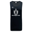 A black Highlanders Rugby NC Tempo Vapodri Singlet by WRS Canterbury, featuring "Highlanders Rugby" and a shield logo on the front, made using recycled polyester.