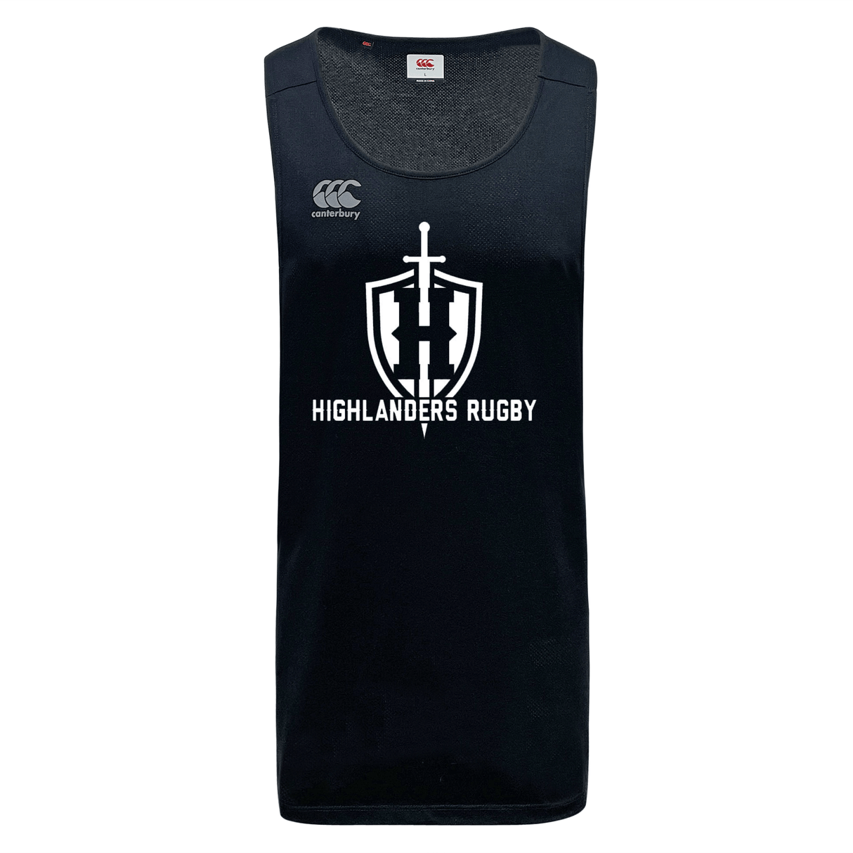 A black Highlanders Rugby NC Tempo Vapodri Singlet by WRS Canterbury, featuring "Highlanders Rugby" and a shield logo on the front, made using recycled polyester.