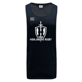 A black Highlanders Rugby NC Tempo Vapodri Singlet by WRS Canterbury, featuring "Highlanders Rugby" and a shield logo on the front, made using recycled polyester.