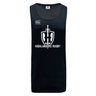 A black Highlanders Rugby NC Tempo Vapodri Singlet by WRS Canterbury, featuring "Highlanders Rugby" and a shield logo on the front, made using recycled polyester.