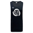 Introducing the Missoula All-Maggots Tempo Vapodri Singlet by WRS Canterbury—a black, sleeveless sports tank top made from recycled polyester. This singlet showcases a striking white spiral graphic and the signature Canterbury logo on the chest. Designed with advanced VapoDri moisture-wicking technology, it helps keep you cool and comfortable throughout your most intense workouts.