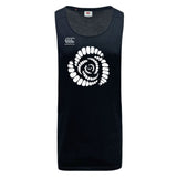 Introducing the Missoula All-Maggots Tempo Vapodri Singlet by WRS Canterbury—a black, sleeveless sports tank top made from recycled polyester. This singlet showcases a striking white spiral graphic and the signature Canterbury logo on the chest. Designed with advanced VapoDri moisture-wicking technology, it helps keep you cool and comfortable throughout your most intense workouts.