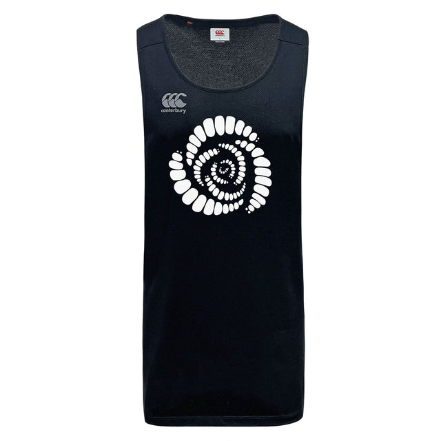 Introducing the Missoula All-Maggots Tempo Vapodri Singlet by WRS Canterbury—a black, sleeveless sports tank top made from recycled polyester. This singlet showcases a striking white spiral graphic and the signature Canterbury logo on the chest. Designed with advanced VapoDri moisture-wicking technology, it helps keep you cool and comfortable throughout your most intense workouts.