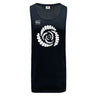 Introducing the Missoula All-Maggots Tempo Vapodri Singlet by WRS Canterbury—a black, sleeveless sports tank top made from recycled polyester. This singlet showcases a striking white spiral graphic and the signature Canterbury logo on the chest. Designed with advanced VapoDri moisture-wicking technology, it helps keep you cool and comfortable throughout your most intense workouts.