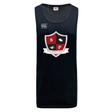 The Southern Pines Youth Rugby Tempo Vapodri Singlet by WRS Canterbury is a navy blue tank top made from recycled polyester. It features a shield, rugby ball, and "Southern Pines Youth Rugby" logo with VapoDri technology for improved comfort and performance.