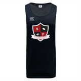 The Southern Pines Youth Rugby Tempo Vapodri Singlet by WRS Canterbury is a navy blue tank top made from recycled polyester. It features a shield, rugby ball, and "Southern Pines Youth Rugby" logo with VapoDri technology for improved comfort and performance.