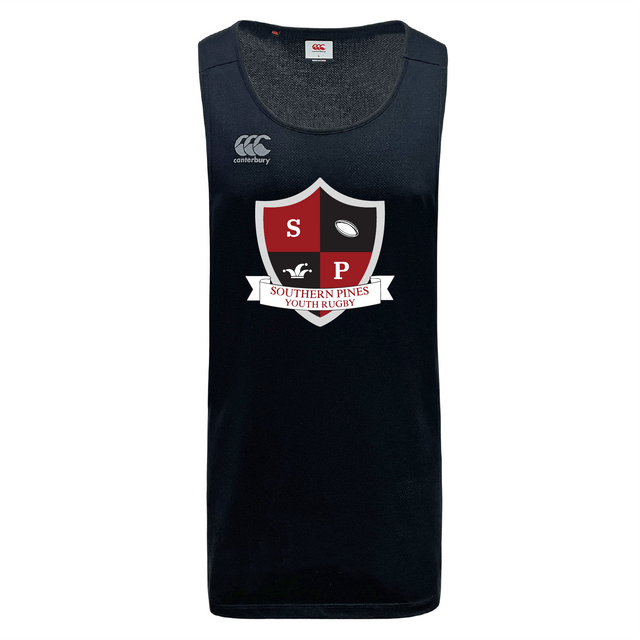 The Southern Pines Youth Rugby Tempo Vapodri Singlet by WRS Canterbury is a navy blue tank top made from recycled polyester. It features a shield, rugby ball, and "Southern Pines Youth Rugby" logo with VapoDri technology for improved comfort and performance.