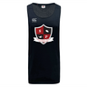 The Southern Pines Youth Rugby Tempo Vapodri Singlet by WRS Canterbury is a navy blue tank top made from recycled polyester. It features a shield, rugby ball, and "Southern Pines Youth Rugby" logo with VapoDri technology for improved comfort and performance.