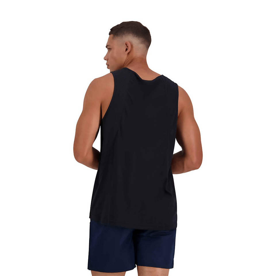 The back view of a man wearing a black tank top with Canterbury's Canterbury Tempo Vapodri Singlet technology.