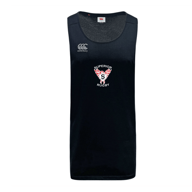 Black sleeveless Superior Rugby Club Tempo Vapodri Singlet by WRS Canterbury with "Superior Rugby" logo, winged S on left chest, VapoDri moisture management, and white Canterbury logo on right shoulder.