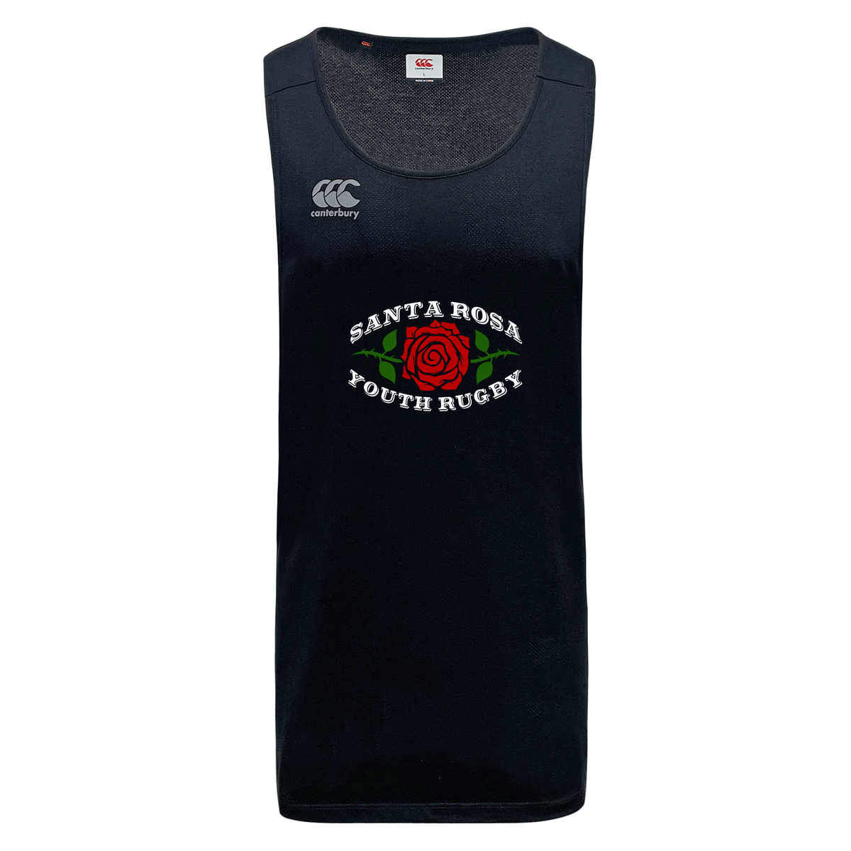 The Santa Rosa Youth Rugby Tempo Vapodri Singlet by Canterbury is a black, sleeveless jersey made from recycled polyester, featuring “Santa Rosa Youth Rugby” and a red rose graphic on the chest, with the Canterbury logo on the right shoulder. Produced by WRS Canterbury, this CCC Tempo Singlet incorporates VapoDri technology to help keep you cool and comfortable during intense play.