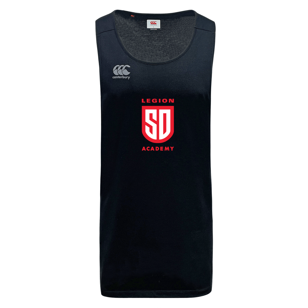 Black moisture-wicking Legion Academy Tempo Vapodri Singlet with a red “LEGION SD ACADEMY” shield logo on the chest.