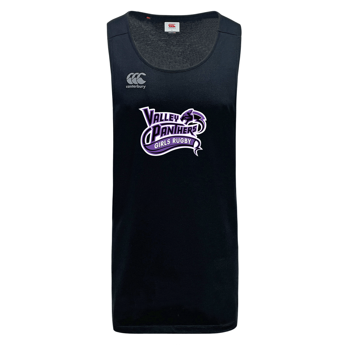 Introducing the Valley Panthers Girls Rugby Tempo Vapodri Singlet by Canterbury, a black sleeveless sports jersey made from recycled polyester. Designed for performance and comfort, this WRS Canterbury singlet features “Valley Panthers Girls Rugby” and a panther logo in bold purple and white on the front.