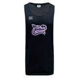 Introducing the Valley Panthers Girls Rugby Tempo Vapodri Singlet by Canterbury, a black sleeveless sports jersey made from recycled polyester. Designed for performance and comfort, this WRS Canterbury singlet features “Valley Panthers Girls Rugby” and a panther logo in bold purple and white on the front.