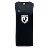 The South Orange County Raptors Tempo Vapodri Singlet by WRS Canterbury is a sleeveless black athletic jersey featuring a “Raptors Rugby” logo with an eagle graphic on the chest and the Canterbury brand logo on the right shoulder. Made from moisture-wicking recycled polyester, this singlet keeps you comfortable and dry during intense games.