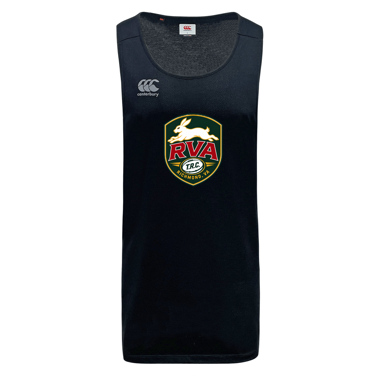 The RVA T.R.C. Tempo Vapodri Singlet by Canterbury is a black sleeveless athletic shirt made from recycled polyester, featuring moisture-wicking fabric to keep you cool and comfortable during intense training sessions. Designed by WRS Canterbury, it displays the Canterbury logo on the right chest and a large RVA Rugby Club emblem with a white rabbit prominently on the front center.