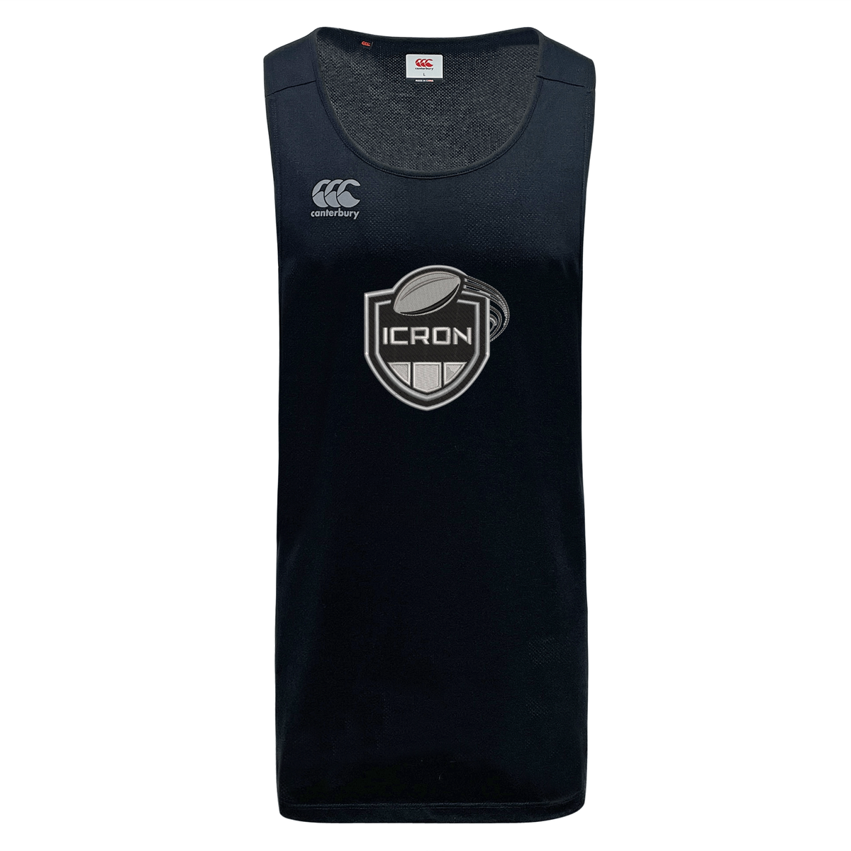 Black VapoDri ICRON Tempo Vapodri Singlet with a team crest featuring a rugby ball and the text “ICRON” on the chest.
