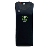Black sleeveless Rock Rugby Tempo Vapodri Singlet by Canterbury with a green and white “Rock Rugby Lions” graphic on the chest.