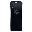 The Cypress Warriors Men's Rugby Tempo VapoDri Singlet by WRS Canterbury is a sleeveless black top made from recycled polyester, with moisture-wicking fabric, the "Canterbury" logo on the right shoulder, and a team emblem on the chest.