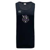 The Cypress Warriors Men's Rugby Tempo VapoDri Singlet by WRS Canterbury is a sleeveless black top made from recycled polyester, with moisture-wicking fabric, the "Canterbury" logo on the right shoulder, and a team emblem on the chest.