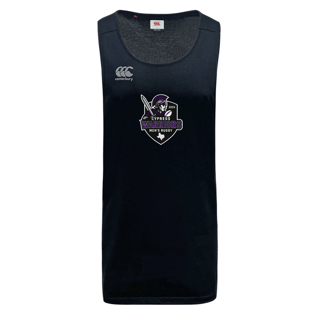 The Cypress Warriors Men's Rugby Tempo VapoDri Singlet by WRS Canterbury is a sleeveless black top made from recycled polyester, with moisture-wicking fabric, the "Canterbury" logo on the right shoulder, and a team emblem on the chest.