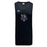 The Cypress Warriors Men's Rugby Tempo VapoDri Singlet by WRS Canterbury is a sleeveless black top made from recycled polyester, with moisture-wicking fabric, the "Canterbury" logo on the right shoulder, and a team emblem on the chest.