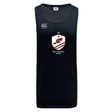 The West Potomac RFC Tempo Vapodri Singlet by WRS Canterbury is a navy blue, sleeveless rugby jersey made from recycled polyester, featuring VapoDri technology and the West Potomac Rugby logo with "1963" on the chest.
